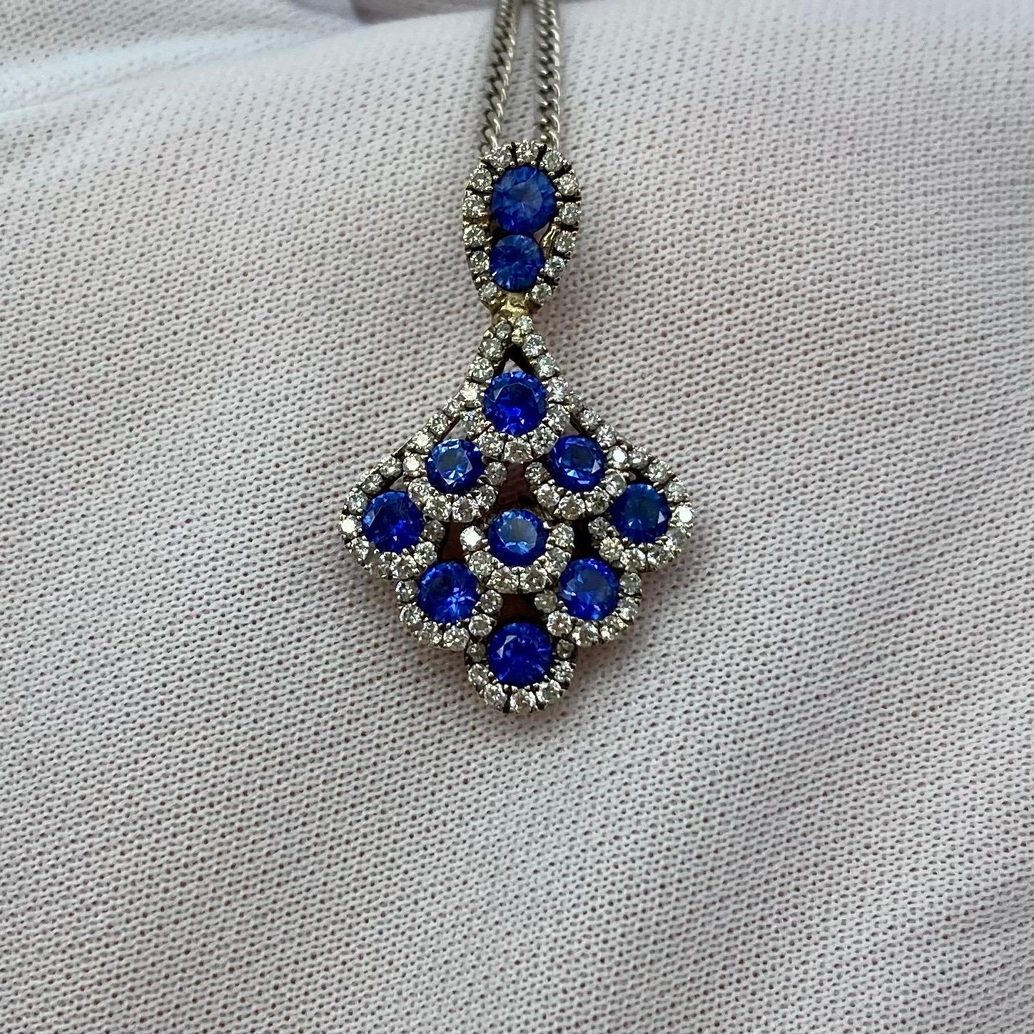 Deep Blue Sapphire and Diamond 18 Karat White Gold Peacock Pendant Necklace For Sale 2