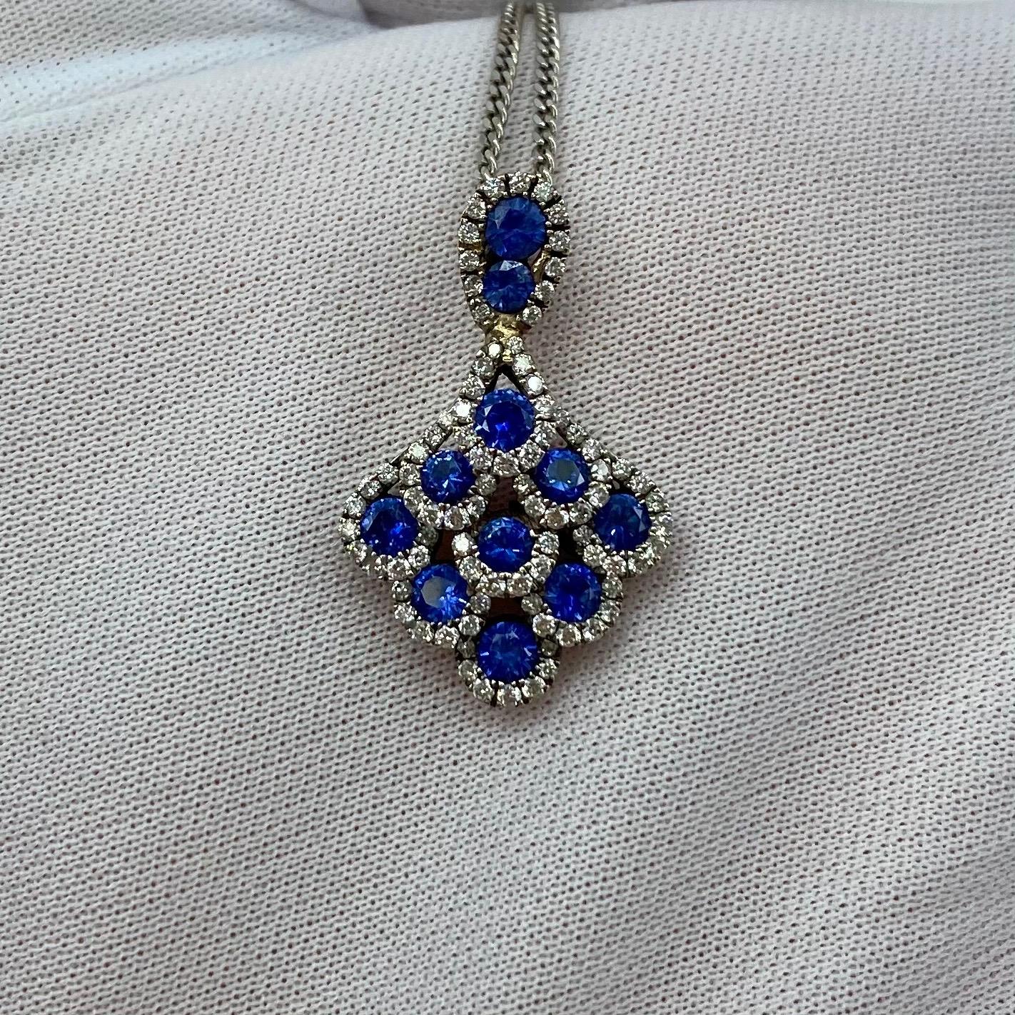 Round Cut Deep Blue Sapphire and Diamond 18 Karat White Gold Peacock Pendant Necklace For Sale