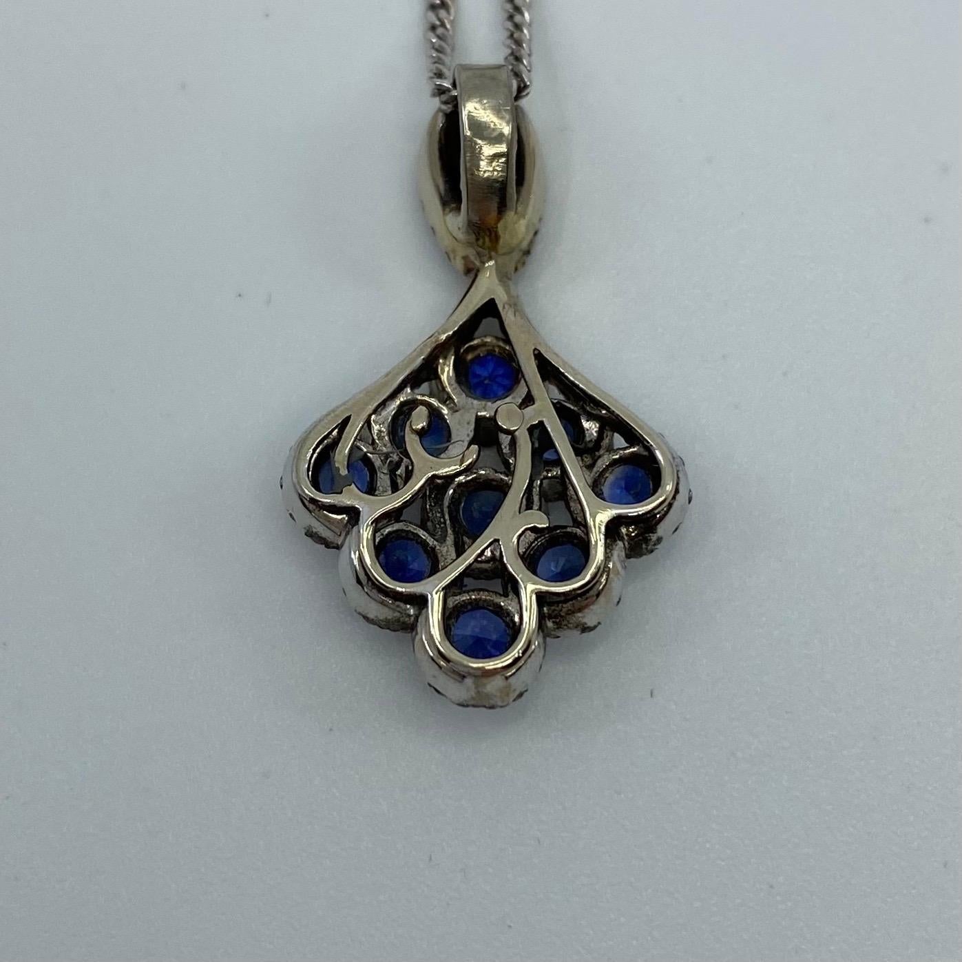 Deep Blue Sapphire and Diamond 18 Karat White Gold Peacock Pendant Necklace In New Condition For Sale In Birmingham, GB