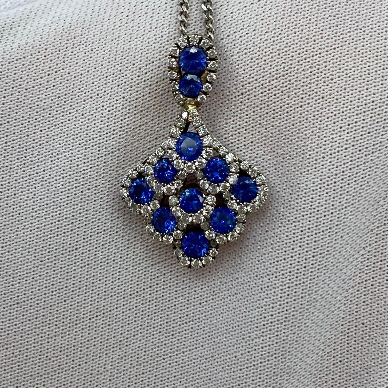 Women's or Men's Deep Blue Sapphire and Diamond 18 Karat White Gold Peacock Pendant Necklace For Sale