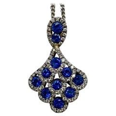 Deep Blue Sapphire and Diamond 18 Karat White Gold Peacock Pendant Necklace