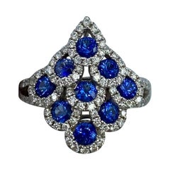 Deep Blue Sapphire and Diamond 18 Karat White Gold Peacock Ring Round Cut