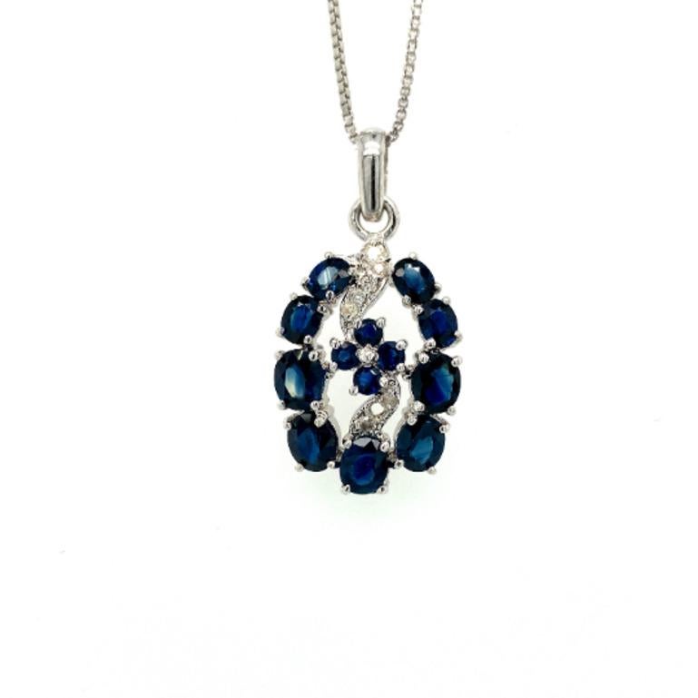 Art Deco Deep Blue Sapphire and Diamond Flower Pendant Gift for Wedding in 925 Silver For Sale