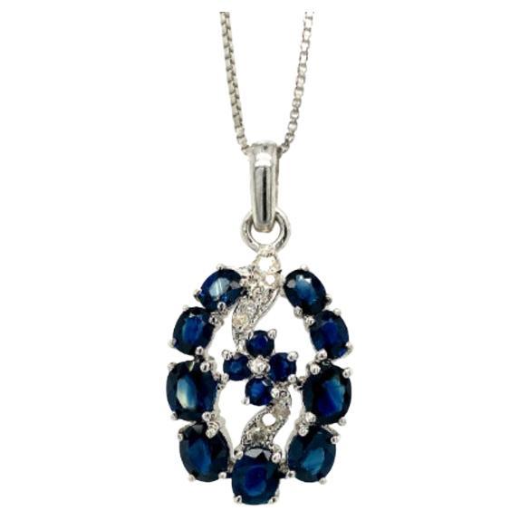 Deep Blue Sapphire and Diamond Flower Pendant Gift for Wedding in 925 Silver For Sale