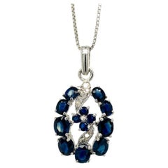 Deep Blue Sapphire and Diamond Flower Pendant Gift for Wedding in 925 Silver