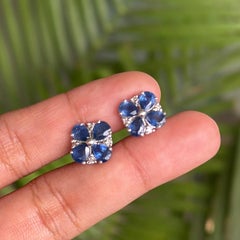 Deep Blue Sapphire and Diamond Flower Stud Earrings in 925 Silver