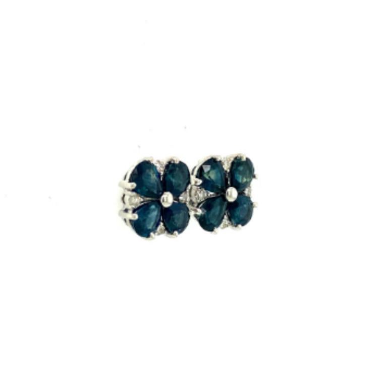Art Deco Deep Blue Sapphire and Diamond Flower Stud Earrings in 925 Silver For Sale