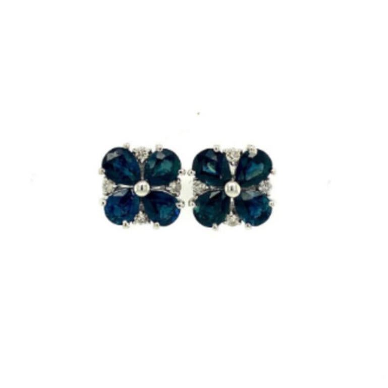 Pear Cut Deep Blue Sapphire and Diamond Flower Stud Earrings in 925 Silver For Sale