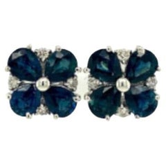 Deep Blue Sapphire and Diamond Flower Stud Earrings in 925 Silver