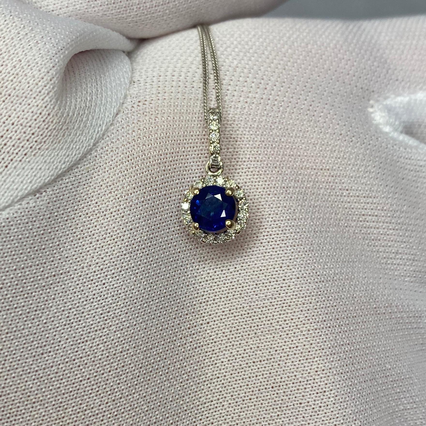 Women's or Men's Deep Blue Sapphire and Diamond Round Cut 18 Karat Gold Halo Cluster Pendant