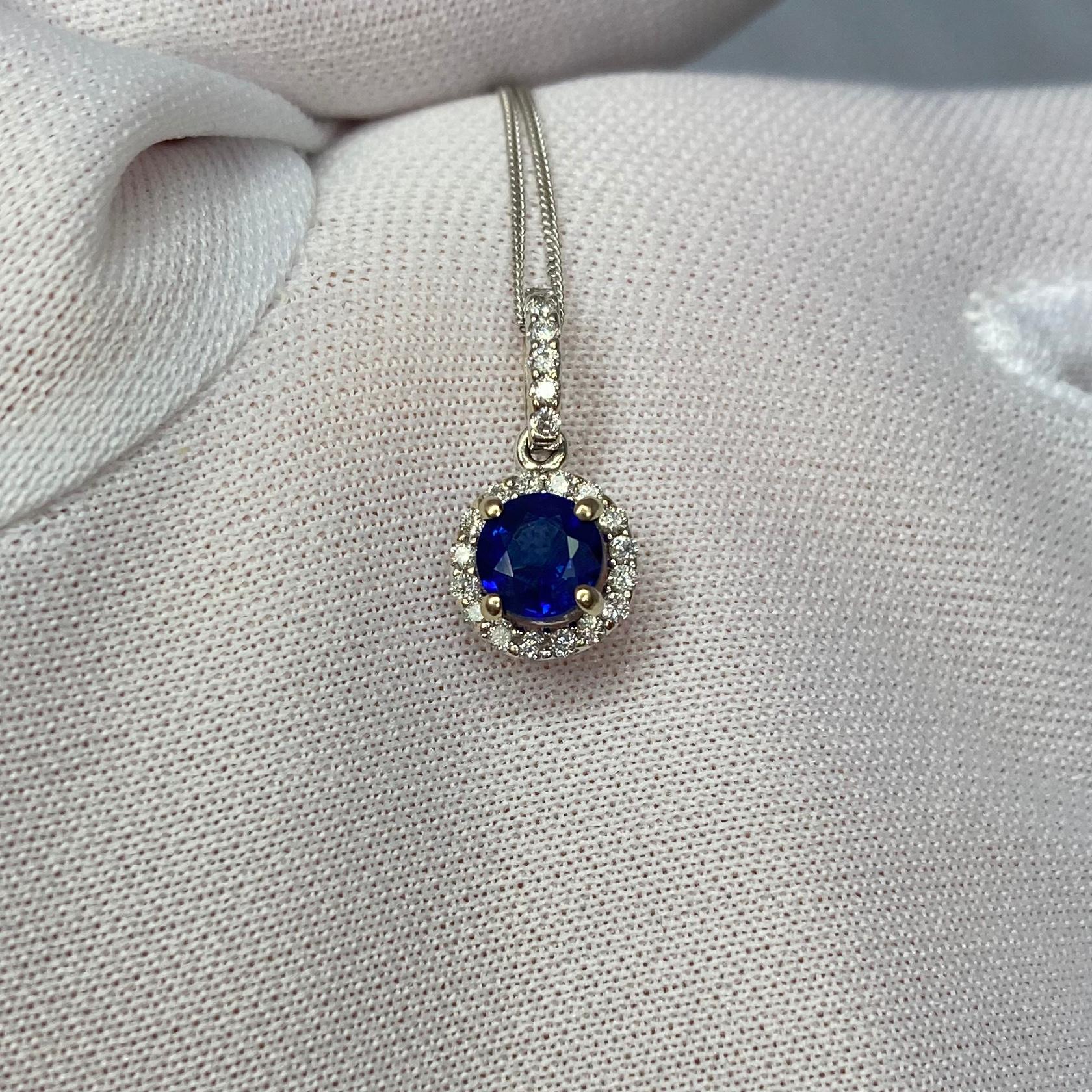 Deep Blue Sapphire and Diamond Round Cut 18 Karat Gold Halo Cluster Pendant 1