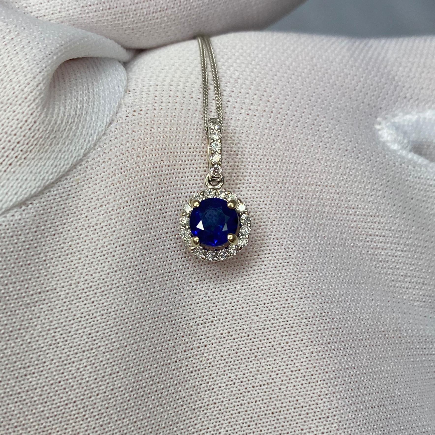 Deep Blue Sapphire and Diamond Round Cut 18 Karat Gold Halo Cluster Pendant 2