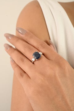 Deep Blue Sapphire and Diamond Three Stone Ring in 14k White Gold Gift for Women