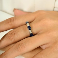 Deep Blue Sapphire & Diamond Half Band Ring Gift for Her in 14k White Gold