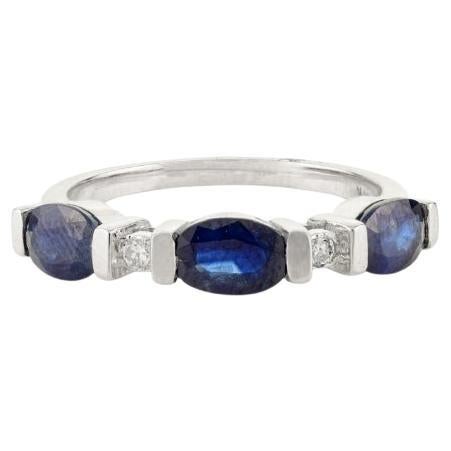 Deep Blue Sapphire & Diamond Half Band Ring Gift for Her in 14k White Gold