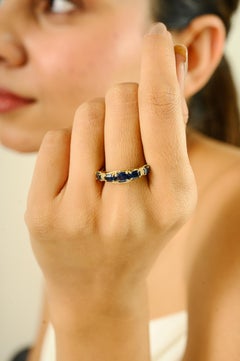 Deep Blue Sapphire & Diamond Half Band Ring Gift for Her in 14k Yellow Gold