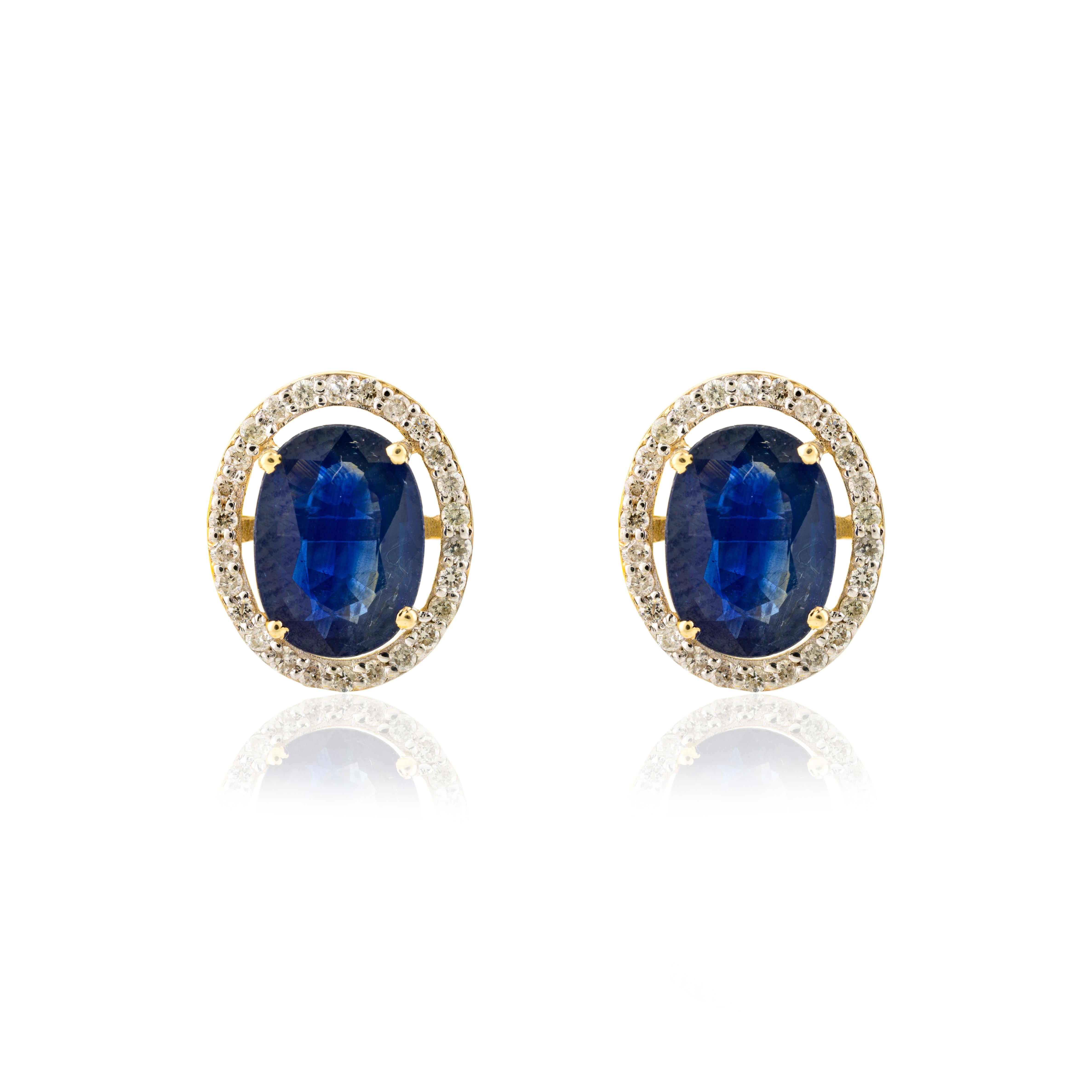 Art Deco Deep Blue Sapphire Diamond Halo Stud Earrings in 14k Solid Yellow Gold For Sale