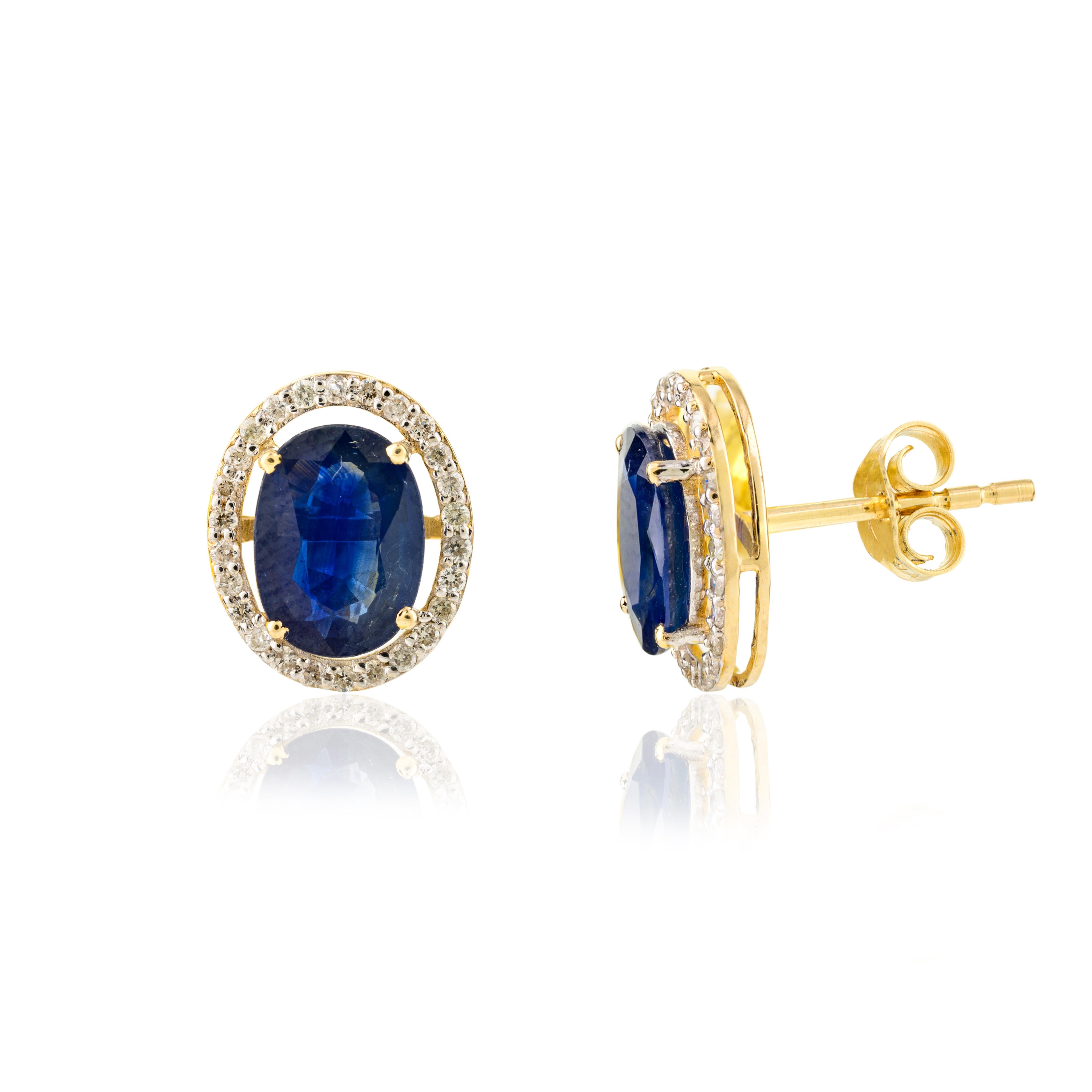 Deep Blue Sapphire Diamond Halo Stud Earrings in 14k Solid Yellow Gold In New Condition For Sale In Houston, TX