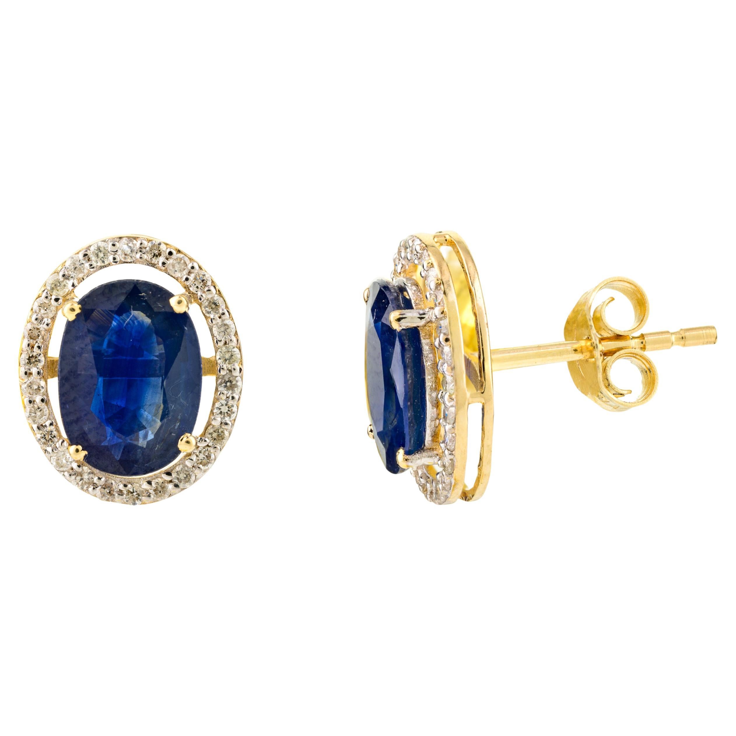 Deep Blue Sapphire Diamond Halo Stud Earrings in 14k Solid Yellow Gold For Sale