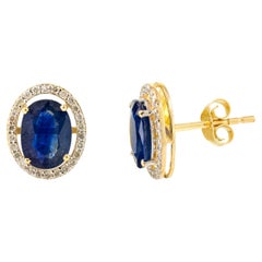 Deep Blue Sapphire Diamond Halo Stud Earrings in 14k Solid Yellow Gold