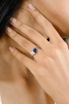Deep Blue Sapphire Diamond Toi et Moi Ring for Girlfriend in 18k White Gold