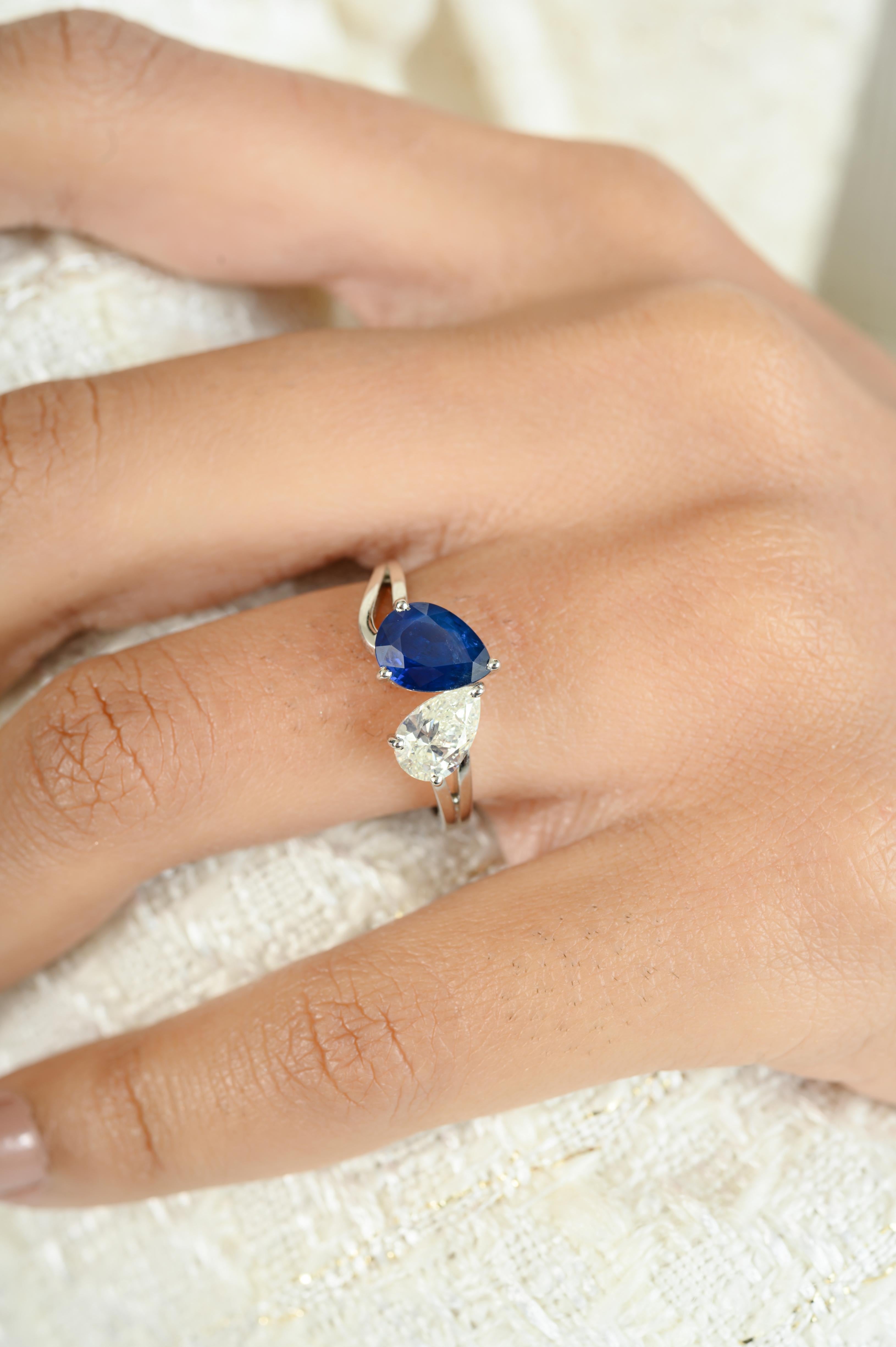 For Sale:  Deep Blue Sapphire Diamond Toi et Moi Ring for Girlfriend in 18k White Gold 6