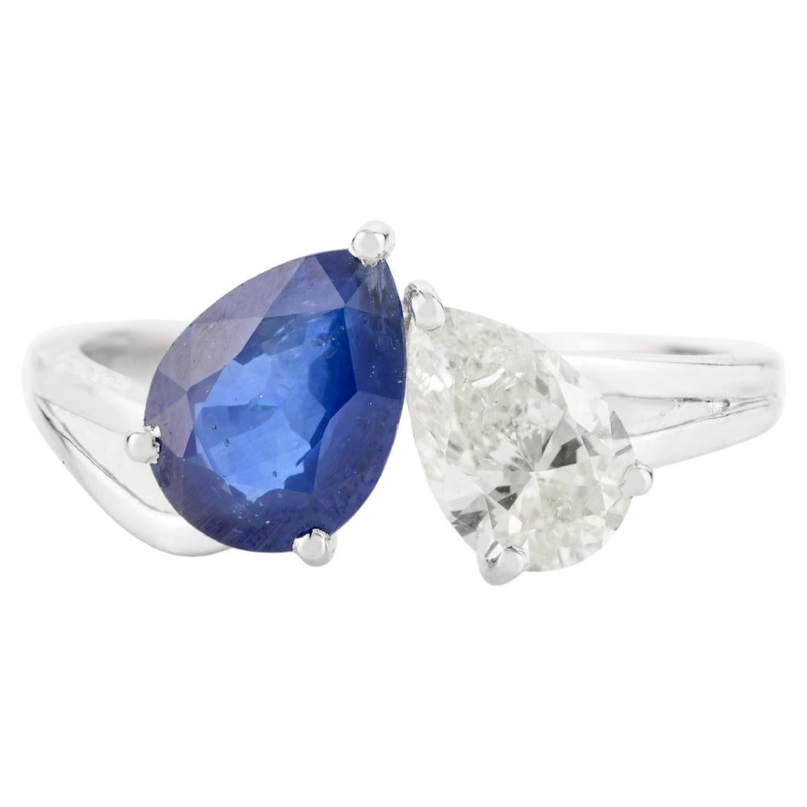 For Sale:  Deep Blue Sapphire Diamond Toi et Moi Ring for Girlfriend in 18k White Gold