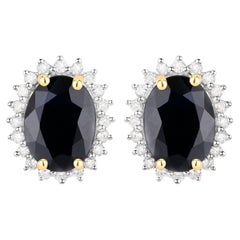 Deep Blue Sapphire Earrings Diamonds 3.3 Carats 14K Yellow Gold