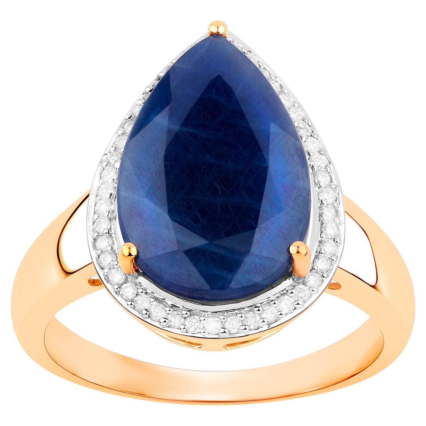 Deep Blue Sapphire Ring Diamond Halo 5.95 Carats 14K Yellow Gold