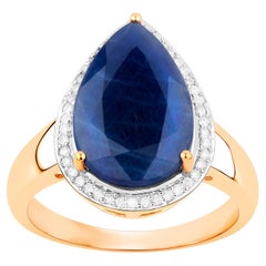 Deep Blue Sapphire Ring Diamond Halo 5.95 Carats 14K Yellow Gold