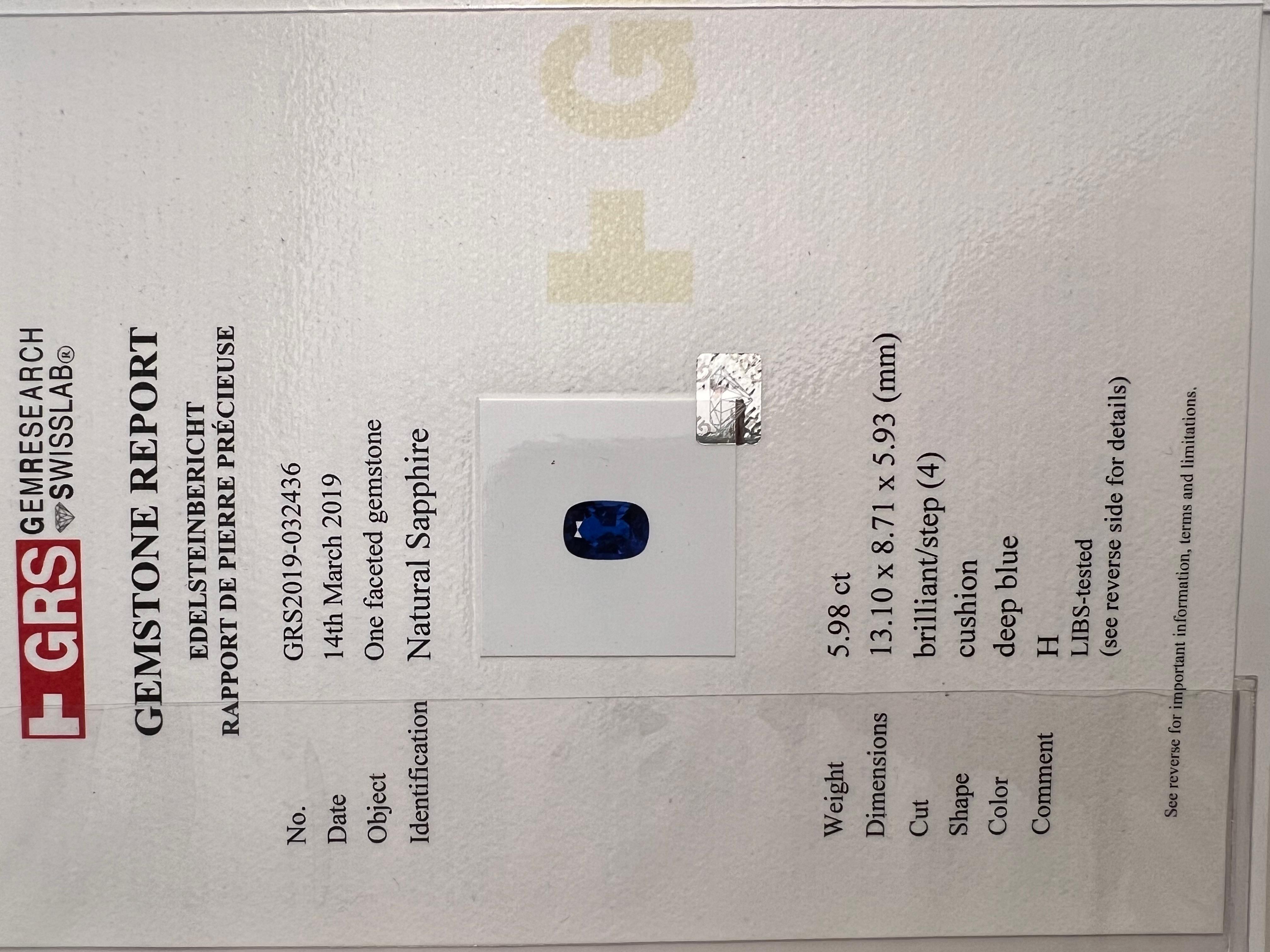 Natural darker shade (deep blue) sapphire of 5.98 carat with normal heat treatment. The preference of the sapphire color saturation is very personal. If you prefer darker and strong saturation, this sapphire is for you. The stone appears darker in