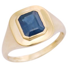 Deep Blue Sapphire Signet Unisex Ring Crafted in 14kt Solid Yellow Gold