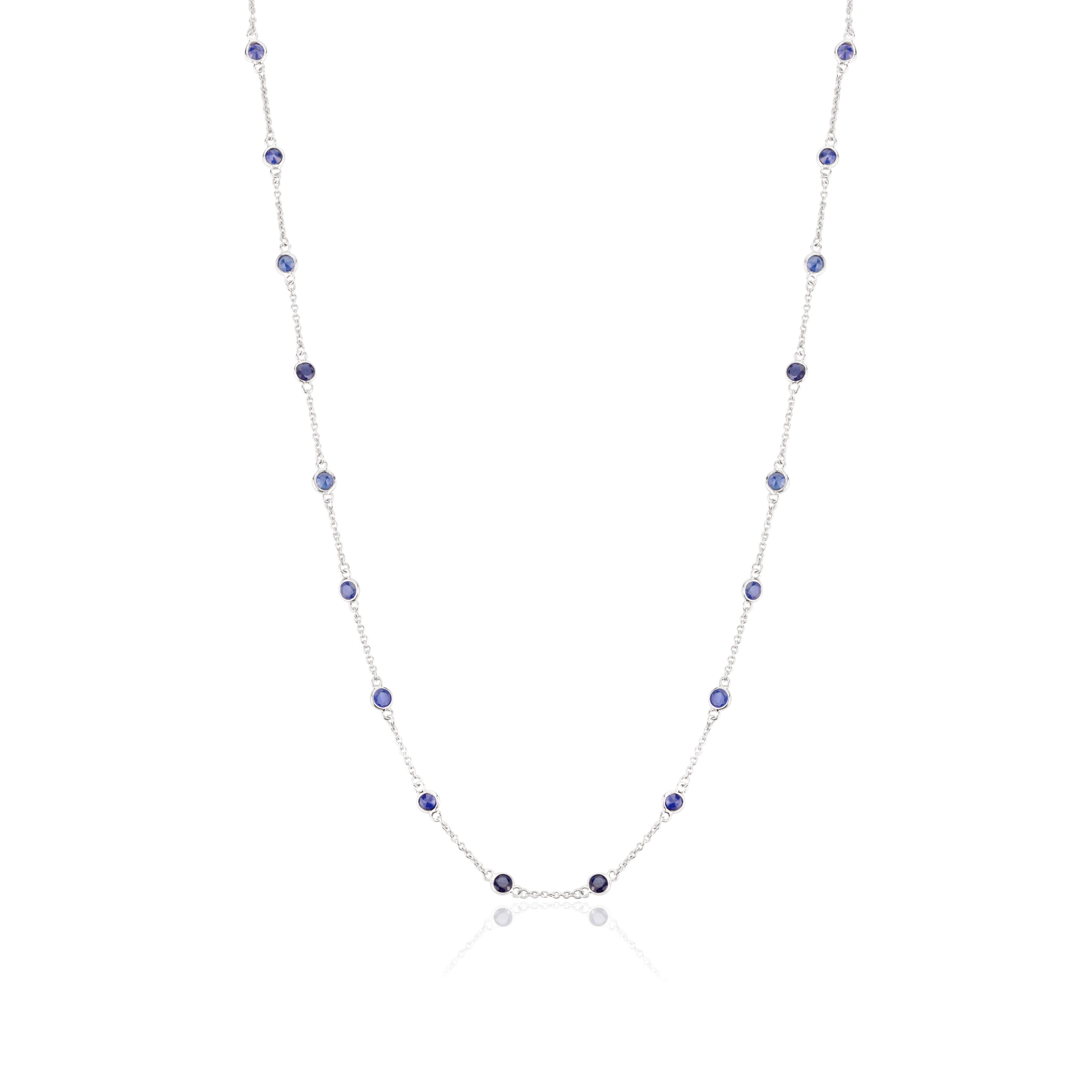 Modern Deep Blue Sapphire Station Chain Necklace for Girlfriend in 14k Solid White Gold For Sale