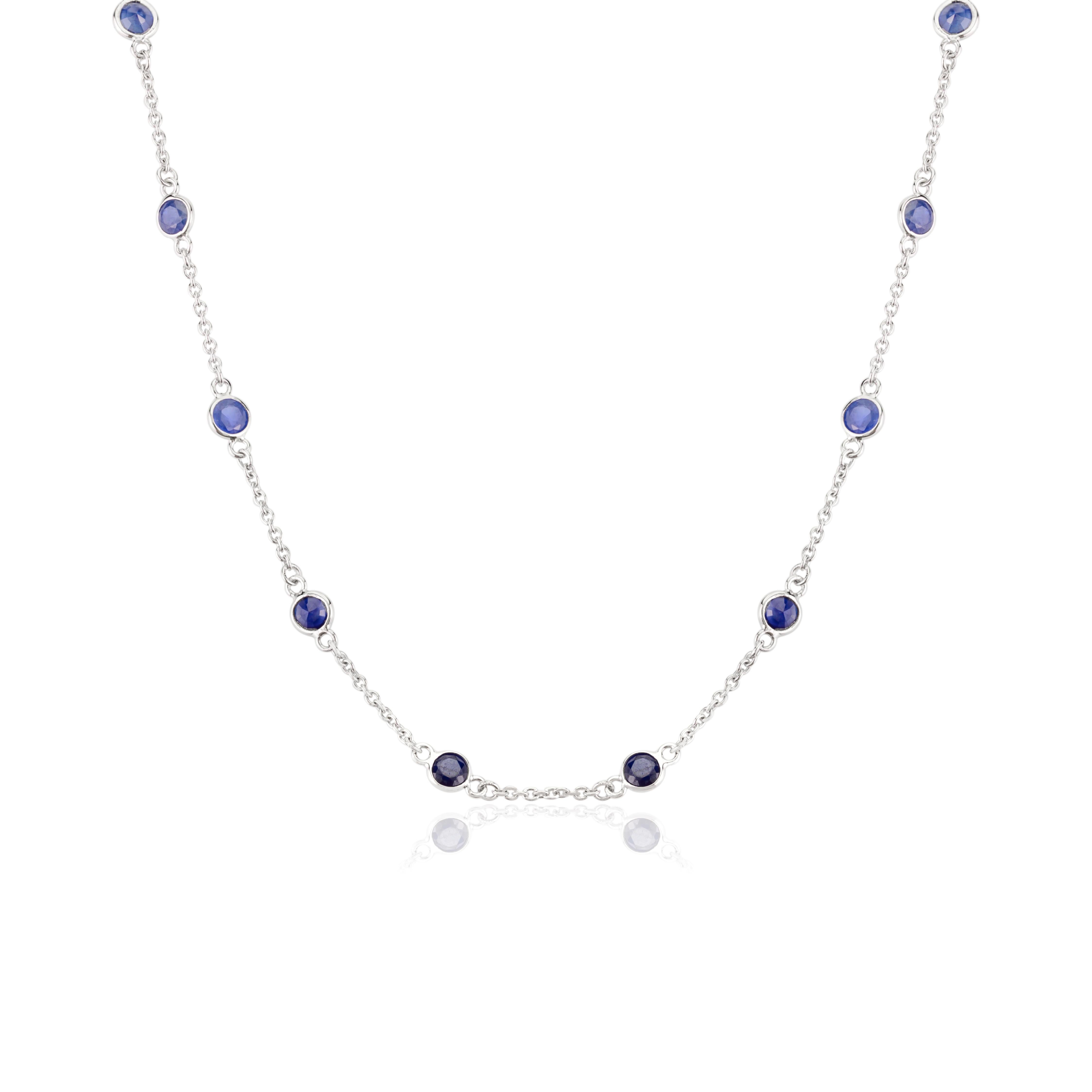 Deep Blue Sapphire Station Chain Necklace for Girlfriend in 14k Solid White Gold For Sale 1