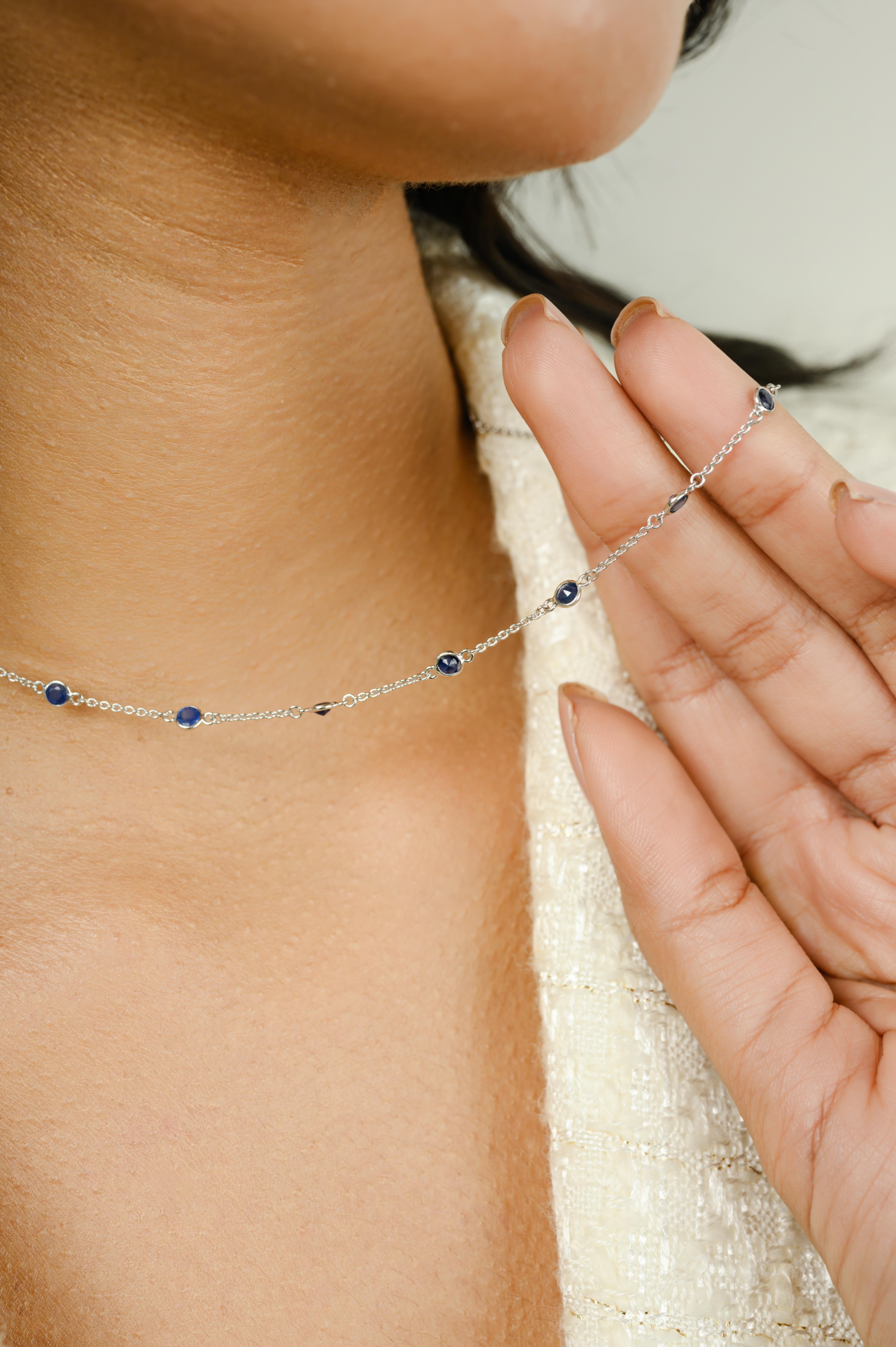 Deep Blue Sapphire Station Chain Necklace for Girlfriend in 14k Solid White Gold For Sale 2