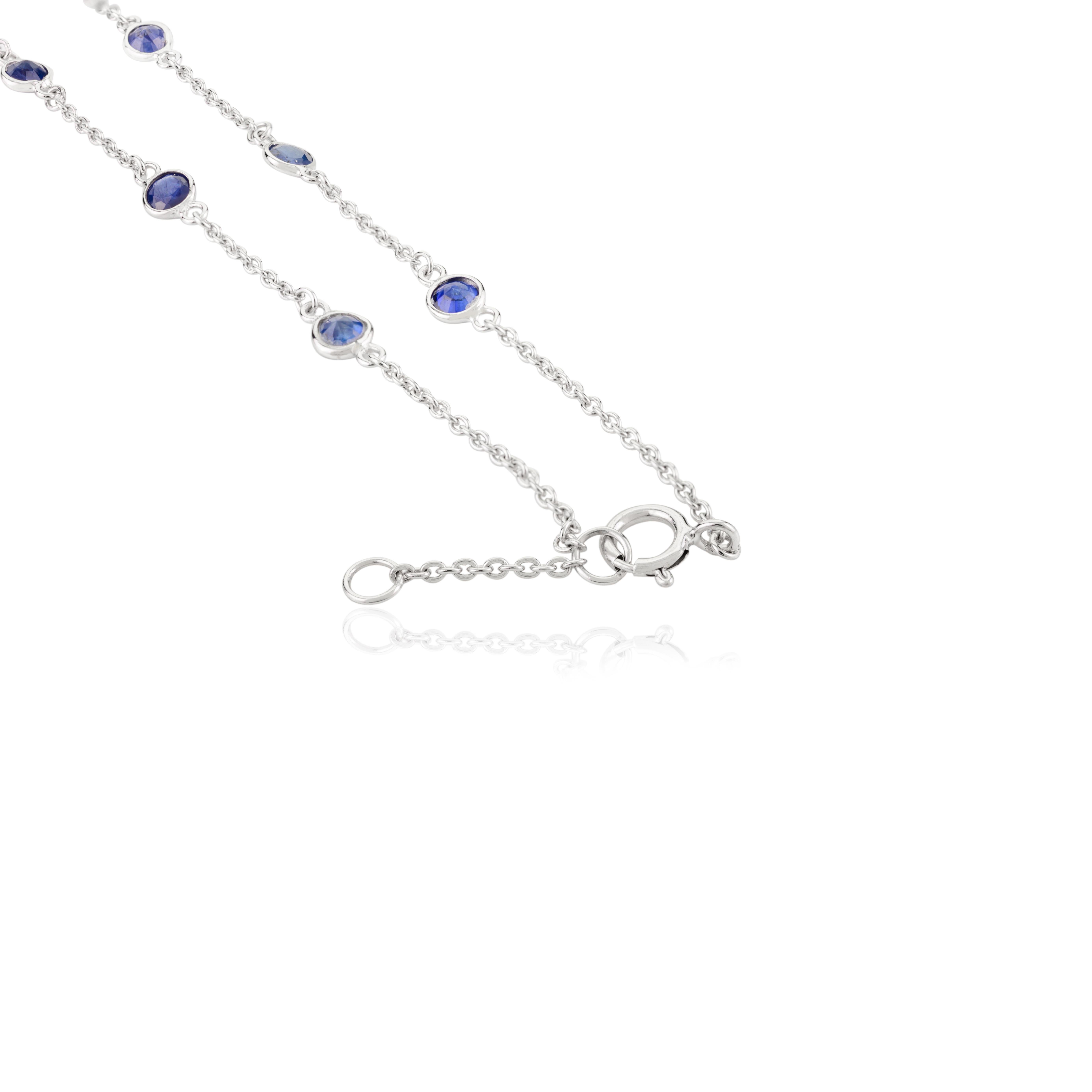 Deep Blue Sapphire Station Chain Necklace for Girlfriend in 14k Solid White Gold For Sale 3