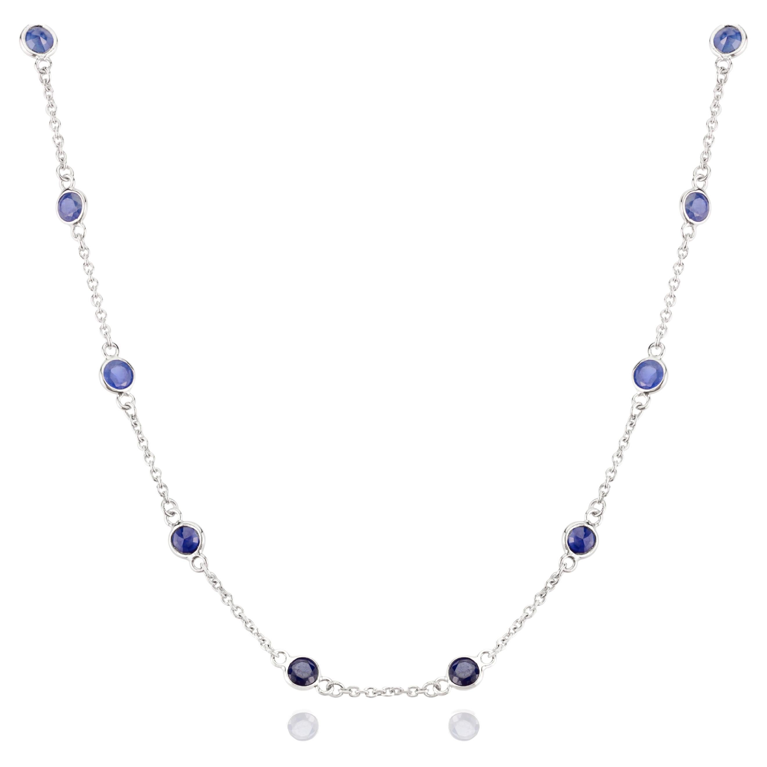 Deep Blue Sapphire Station Chain Necklace for Girlfriend in 14k Solid White Gold For Sale