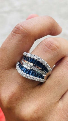 Deep Blue Sapphires Diamond Wedding Band Ring in 14k Solid White Gold