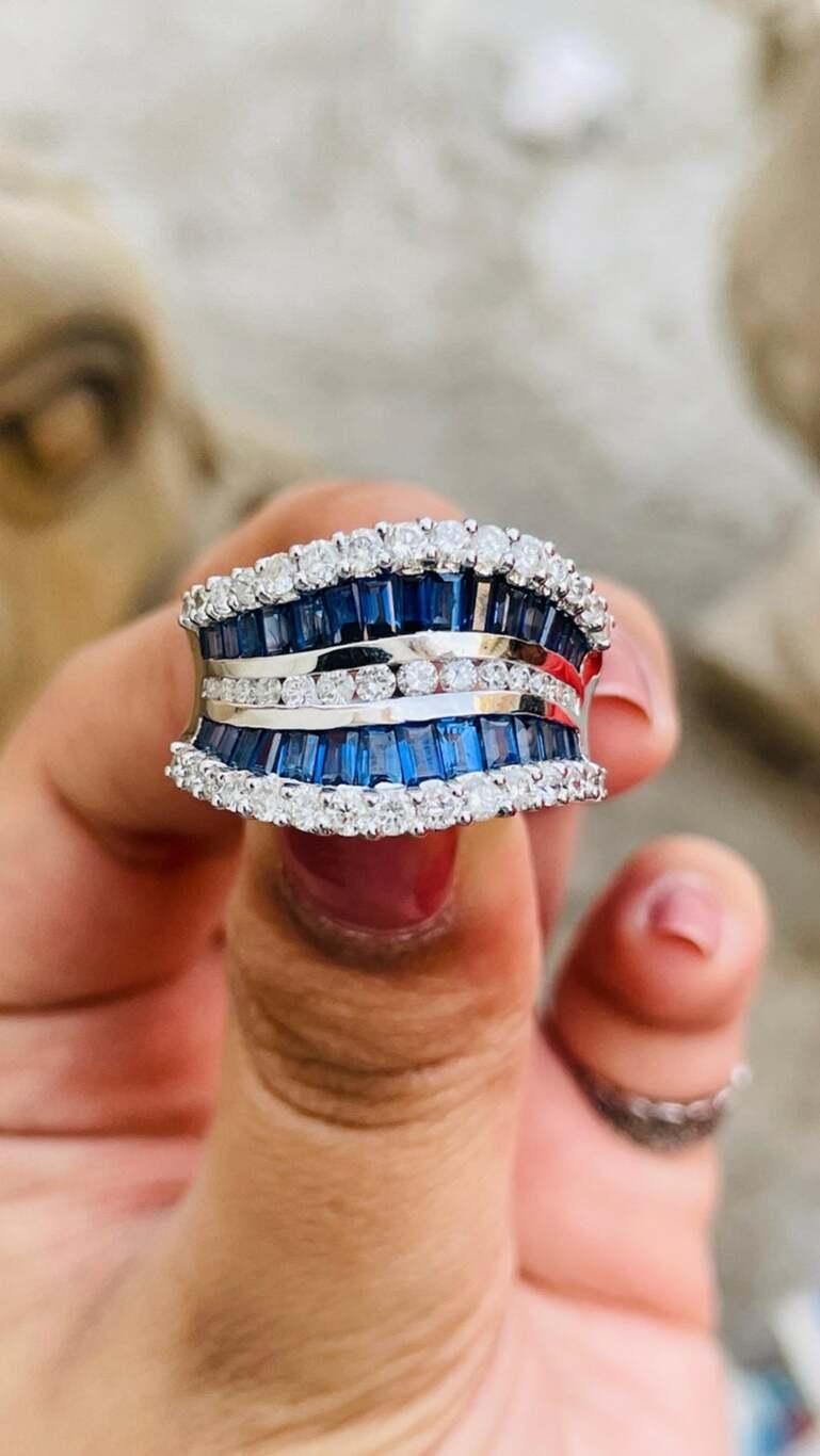 For Sale:  Deep Blue Sapphires Diamond Wedding Band Ring in 14k Solid White Gold 4