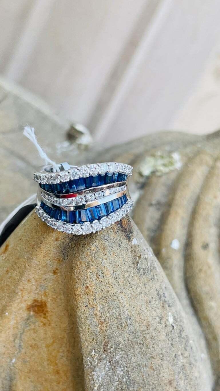 For Sale:  Deep Blue Sapphires Diamond Wedding Band Ring in 14k Solid White Gold 6