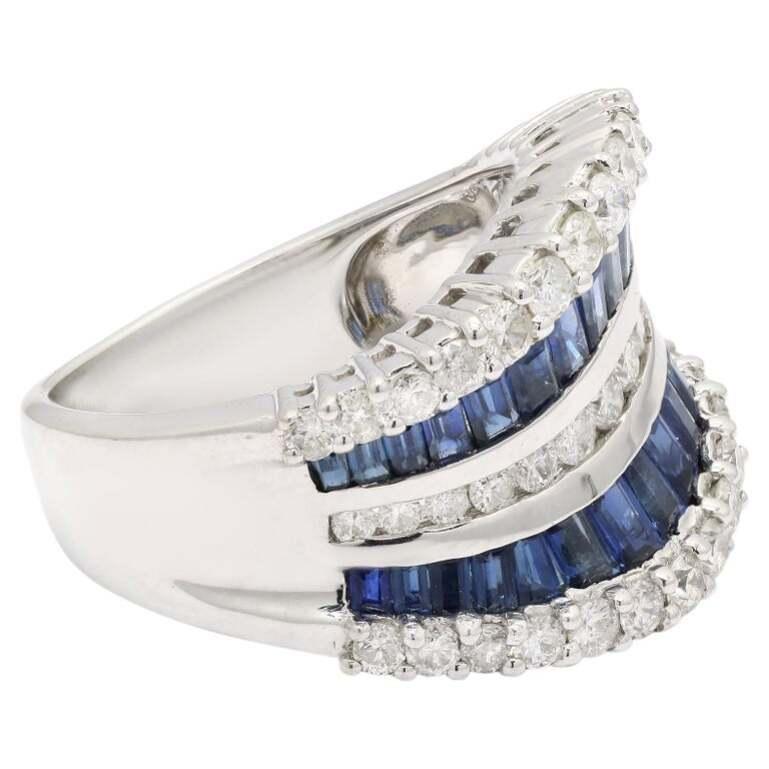 For Sale:  Deep Blue Sapphires Diamond Wedding Band Ring in 14k Solid White Gold 8
