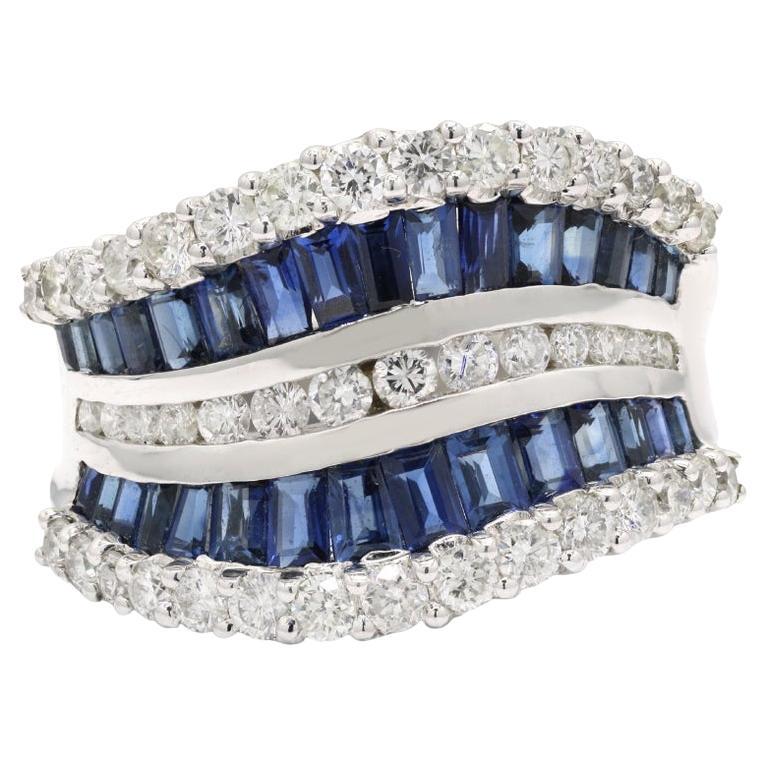 Deep Blue Sapphires Diamond Wedding Band Ring in 14k Solid White Gold