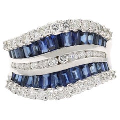 Deep Blue Sapphires Diamond Wedding Band Ring in 14k Solid White Gold