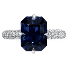Deep Blue Spinel Emerald Cut Platinum Ring – Rare Luxury Gem with Diamonds