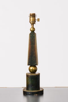 Deep Blue Studded Leather Table Lamp w. Patinated Brass Details - France 1970's