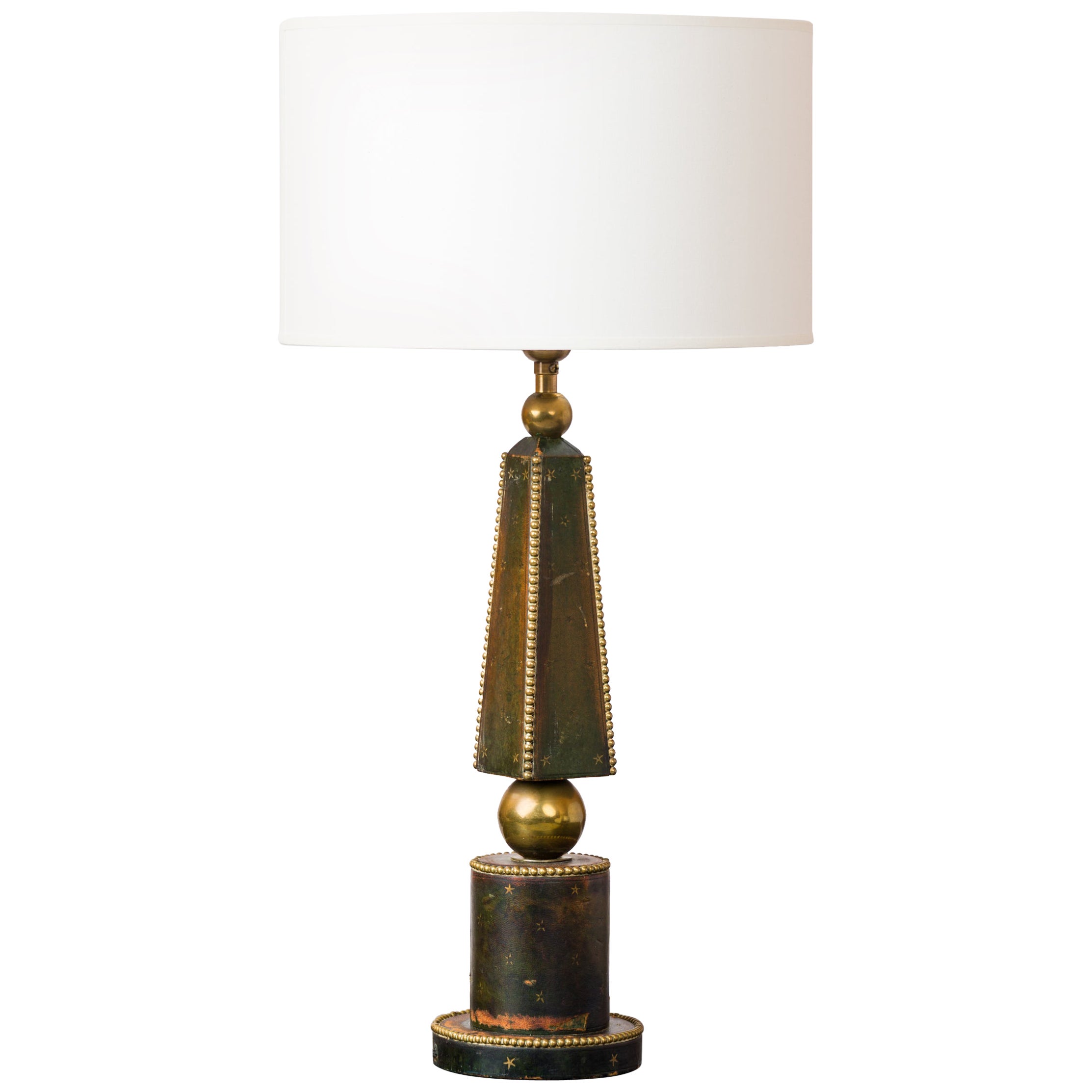 Deep Blue Studded Leather Table Lamp w. Patinated Brass Details - France 1970's For Sale