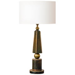 Deep Blue Studded Leather Table Lamp w. Patinated Brass Details - France 1970's