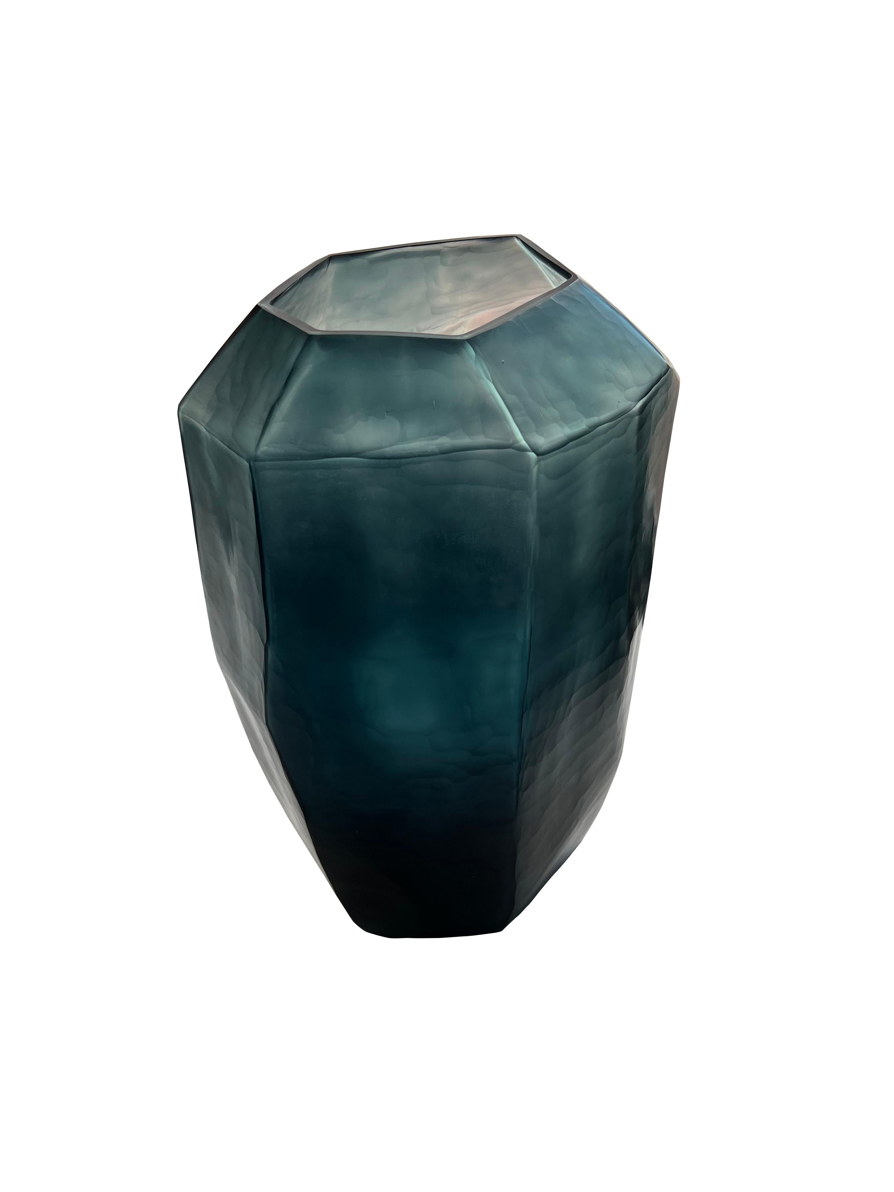 Contemporary Romanian tall dark blue glass vase.
Vertical cubist design.
Can hold water.
Part of a collection of dark blue vases and bowls (S6282 thru S6287).
 