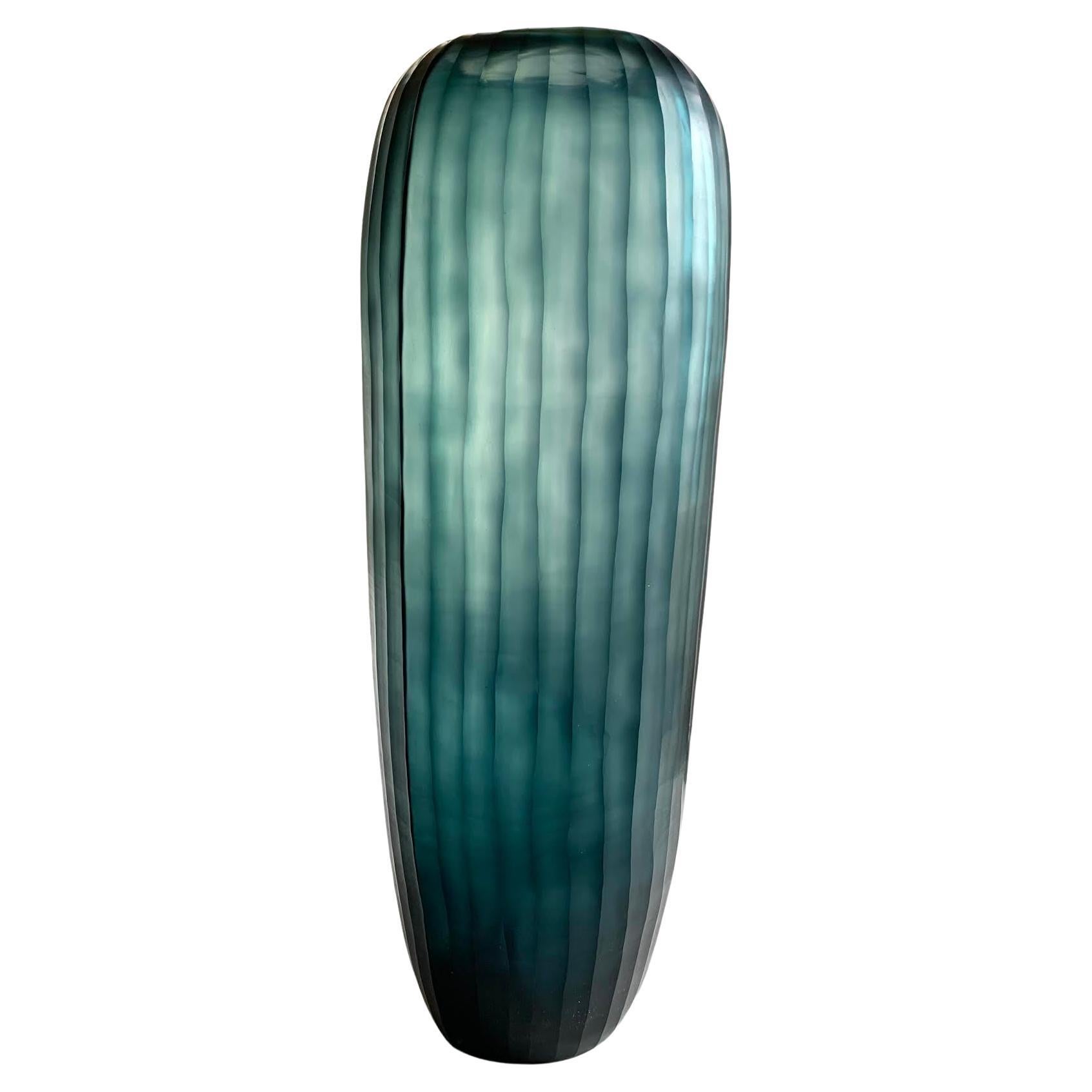 Deep Blue Tall Vertical Rib Cut Glass Vase, Romania, Contemporary For Sale