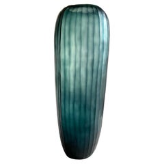Deep Blue Tall Vertical Rib Cut Glass Vase, Romania, Contemporary